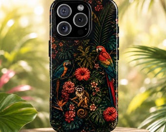 Tropical Garden Tapestry Phone Case, Monkey and Parrots Phone Case - Tough Dual Layer Protective Phone Case for iPhone, Galaxy and Pixel