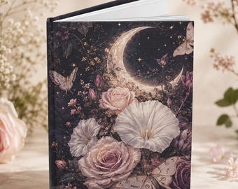 Moonlit Floral Garden Journal | Celestial Moon Hardcover Notebook | Romantic Botanical Journal | Cottagecore Writing Journal