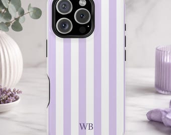 Personalized Lilac Stripe Magsafe Phone Case I Purple Vertical Stripe Monogram Phone Case I MagSafe Compatible Dual Layer Protective Case