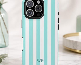 Personalized Robin's Egg Blue Stripe Magsafe Phone Case I Aqua Vertical Stripe Monogram Case I MagSafe Compatible Dual Layer Protective Case