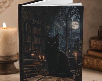 Dark Academia Black Cat Journal | Gothic Library Hardcover Notebook | Moonlit Cat Journal | Witchy Lined Writing Journal