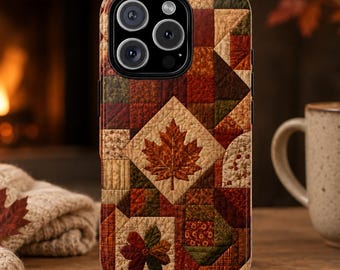 Autumn Patchwork Quilt MagSafe Case I Quilted Maple Leaf Magsafe Case I MagSafe Compatible Dual Layer Protective Phone Case