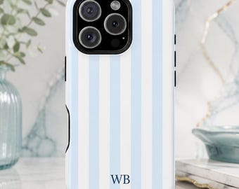 Personalized Blue Stripe Magsafe Phone Case I Blue Vertical Stripe Monogram Phone Case I MagSafe Compatible Dual Layer Protective Phone Case
