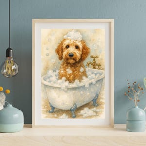 Golden Doodle Bath Art Print, Watercolor Dog Wall Decor, Pet Lover Gift, Digital Download, Instant Printable Artwork