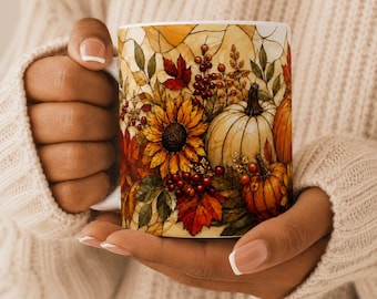 Autumn Harvest Stained Glass Style Mug | Fall Harvest Mug I Pumpkins and Sunflowers Coffee Mug  I 11 oz. Ceramic Coffee Mug