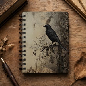 May include: A spiral-bound notebook featuring a detailed illustration of a black crow perched on a bare, gnarled branch. The background is a muted, sepia-toned parchment style with faint botanical sketches and weathered textures surrounding the bird.