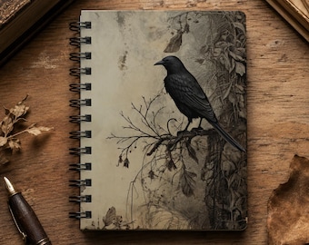 Gothic Raven Spiral Notebook, Dark Crow Journal, Moody Gothic Stationery, 5x7 Lined Notebook, Witchy Gift for Raven Lover