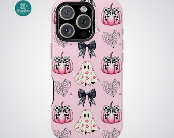 Pink Halloween Ghosts & Pumpkins iPhone MagSafe Case - MagSafe Compatible Dual Layer Protective Phone Case