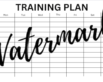 Puede incluir: Una plantilla de plan de entrenamiento en blanco y negro con la palabra "Watermark" en cursiva superpuesta a la cuadrícula. La cuadrícula está dividida en semanas y días de la semana.