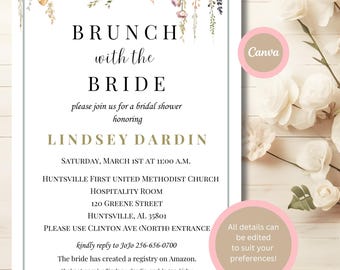 May include: A floral-themed bridal shower invitation for Lindsey Dardin. The invitation features a watercolor floral design with the text "BRUNCH with the BRIDE" and details about the event, including the date, time, location, and contact information.