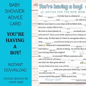 Schattige babyshoweradvieskaart, afdrukbare pdf, advies voor moeder, jongen, moeder, babyjongen, invultekst, it's a boy! Babyshowerspel