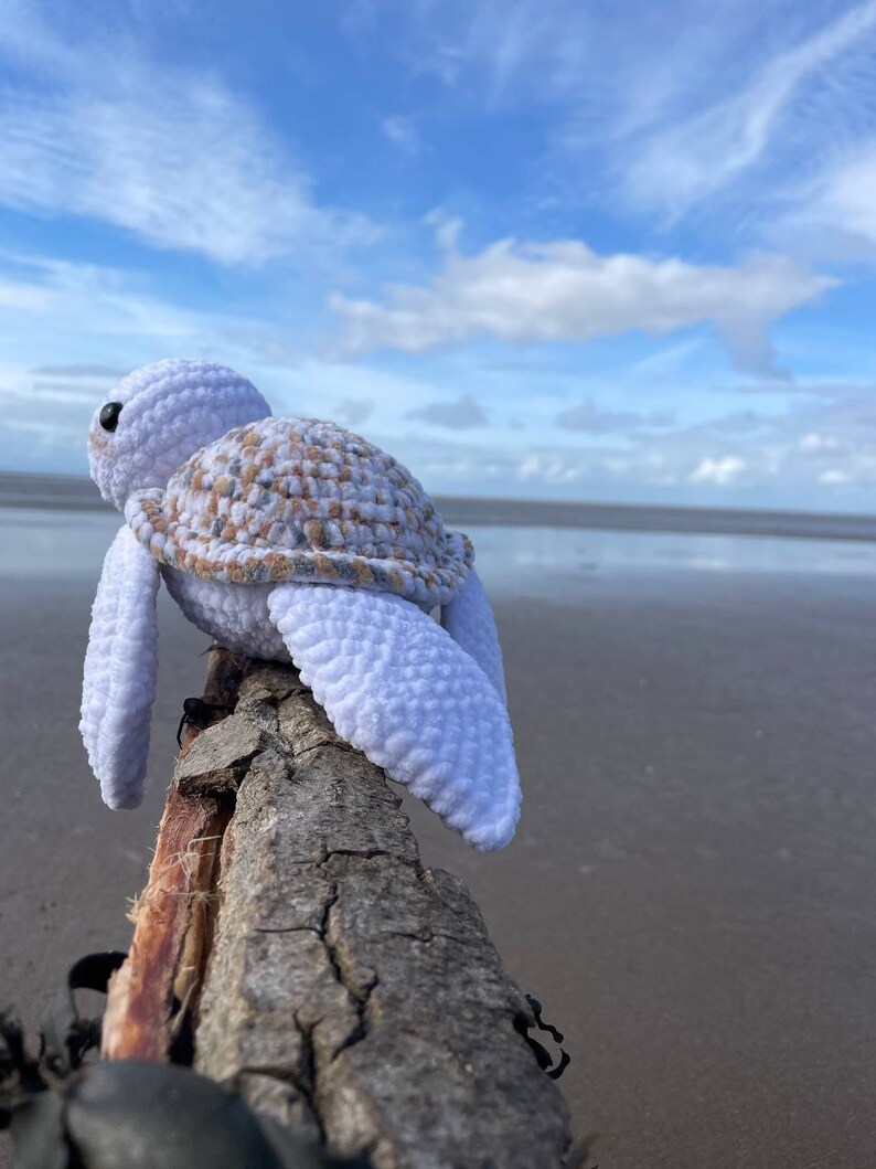 Op de afbeelding: Een witte gehaakte schildpad met een bruin-witte schild zit op een verweerd stuk drijfhout. De schildpad kijkt uit naar de zee met een blauwe lucht en witte wolken op de achtergrond.