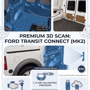 Pode incluir: Anúncio de download digital para uma digitalização 3D premium de um Ford Transit Connect (MK2). A imagem mostra uma digitalização 3D azul do interior da carrinha e uma carrinha branca. O texto inclui "Preciso para CAD e fabricação".