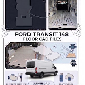 Puede incluir: Imagen que muestra archivos CAD para el suelo de una furgoneta Ford Transit 148, con el texto "FORD TRANSIT 148 FLOOR CAD FILES". La imagen incluye una furgoneta blanca, diagramas y la frase "DOWNLOAD DIGITAL PRODUCT".