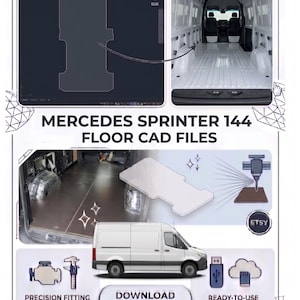 May include: An image showcasing a white Mercedes Sprinter van with the text "MERCEDES SPRINTER 144 FLOOR CAD FILES". The image includes CAD drawings, a van interior, and icons for digital product features. The text "DOWNLOAD DIGITAL PRODUCT" is also visible.