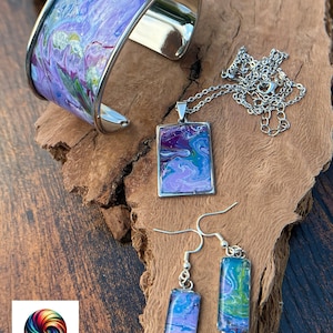 Aurora Twilight Fluid Art Jewelry Set | Handcrafted Earrings, Necklace Pendant & Cuff Bracelet | Spectrum of Whorls | Holiday Gift for Her