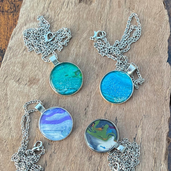 Spectrum Whorls Collection | Handmade 25mm Fluid Art Necklaces | Silver Circle | Mother's Day | One-of-a-Kind | 16" Silver Chain Necklace
