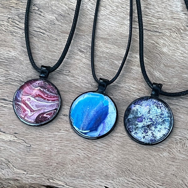 Spectrum Whorls Collection | Handmade 25mm Fluid Art Necklaces | Round Black | Mother's Day | One-of-a-Kind | 16" Necklace Black Cord