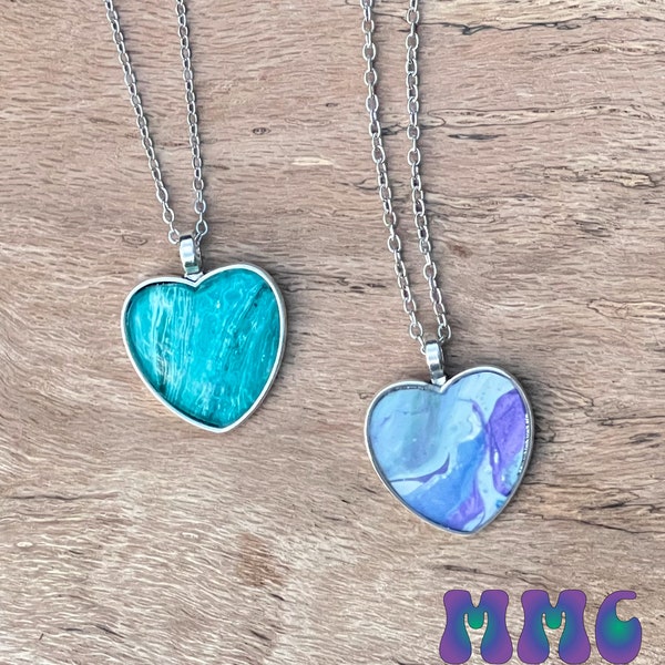 Spectrum Whorls Collection | Handmade 25mm Fluid Art Necklaces | Silver Heart | Mother's Day | One-of-a-Kind | 16" Necklace Silver Chain