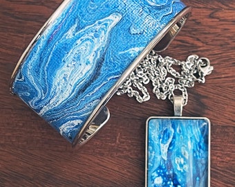 Deep Blue Tides Fluid Art Jewelry Set | Handcrafted Necklace Pendant & Cuff  Bracelet | Spectrum of Whorls | Unique Holiday Gift for Her