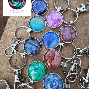 Spectrum Whorls Holiday Gift – Colorful Handcrafted Fluid Art Keychains w/Silver Bezel & Swivel Snap Hook | Gift for Her | Free Ship