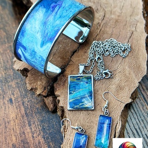 Twilight Currents Fluid Art Jewelry Set | Handcrafted Earrings, Necklace Pendant & Cuff Bracelet | Spectrum of Whorls | Holiday Gift for Her