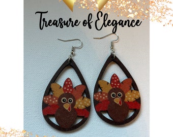 Thanksgiving Turkey Earrings, Turkey, Thanksgiving Dangling, Wood