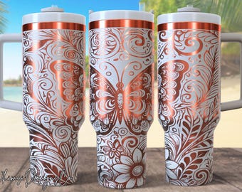 Butterfly and Daisy 40 oz beker lasergraveerbestand, 40 oz quencher vlinder beker wrap SVG- en png-bestand, lasergravure beker