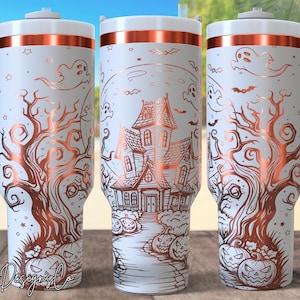 May include: White Halloween-themed tumbler with a copper-colored design featuring a haunted house, trees, ghosts, bats, and pumpkins. The tumbler has a white handle and lid with a copper-colored band. The design includes the text "Whimsy Designs Co."
