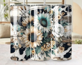 Rustic Floral 20oz Tumbler Wrap, Sunflower PNG Tumbler Design Sublimation Download, Boho Western Cow Print Sublimation Tumbler