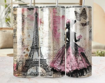 Diseño PNG de sublimación para vaso delgado con diseño de la Torre Eiffel de París, página de diario de una dama parisina vintage para vaso (descarga digital), diseño sin costuras.