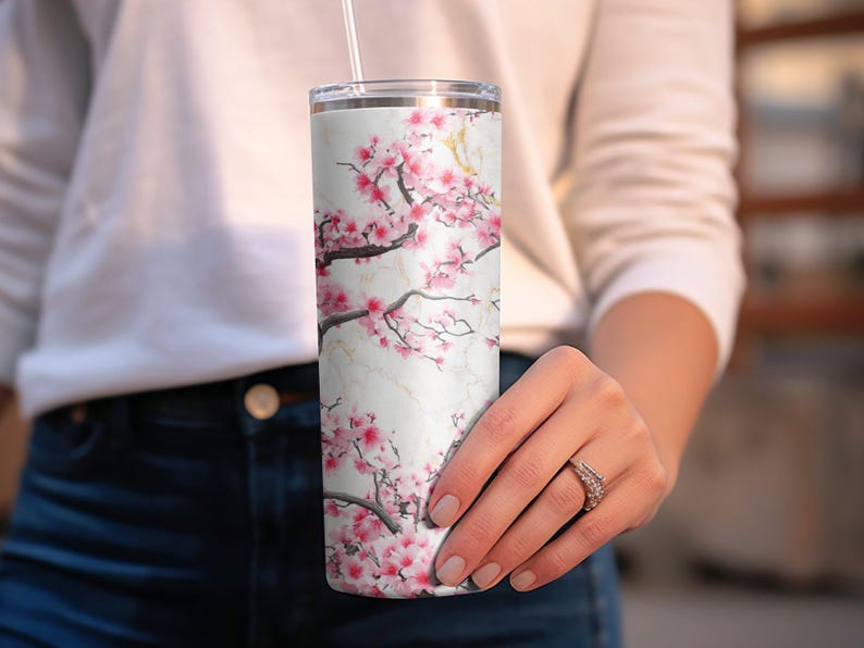 Diseño PNG para vaso delgado de 20 oz, descarga digital, diseño sin costuras, PNG para sublimación, arte japonés de flor de cerezo, arte estético para vasos. imagen 6