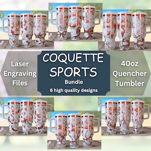 May include: A collection of 40oz Quencher tumblers with various sports-themed designs. The tumblers feature white backgrounds with copper-colored graphics of sports equipment and bows. The image also includes text that reads "Coquette Sports Bundle."
