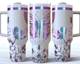 Vlinders en bloemen 40oz Tumbler Lasergraveerbestand, 40oz Quencher Butterfly Tumbler Wrap SVG- en PNG-bestand