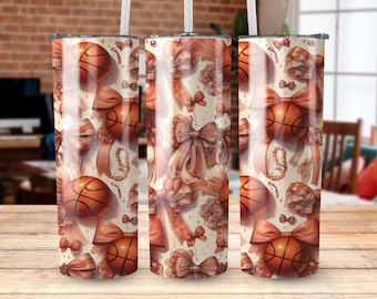 Vaso de baloncesto Coquette PNG digital, diseño de sublimación para vaso delgado de 20 oz, descarga sin costuras rectas y cónicas, lazos deportivos PNG