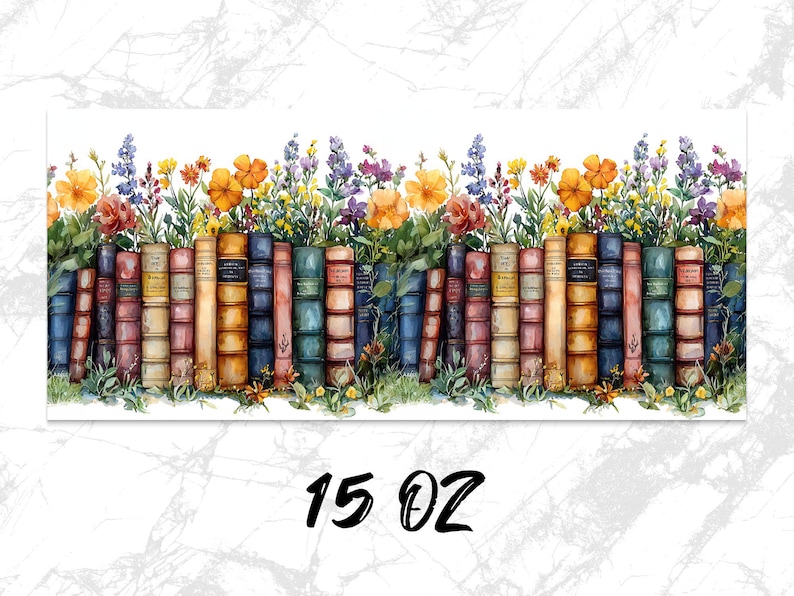 Vintage Books and Flowers Coffee Mug Wrap PNG, 11oz 15oz Coffee Cup Design, Sublimation PNG Download, Digital Download Design image 4