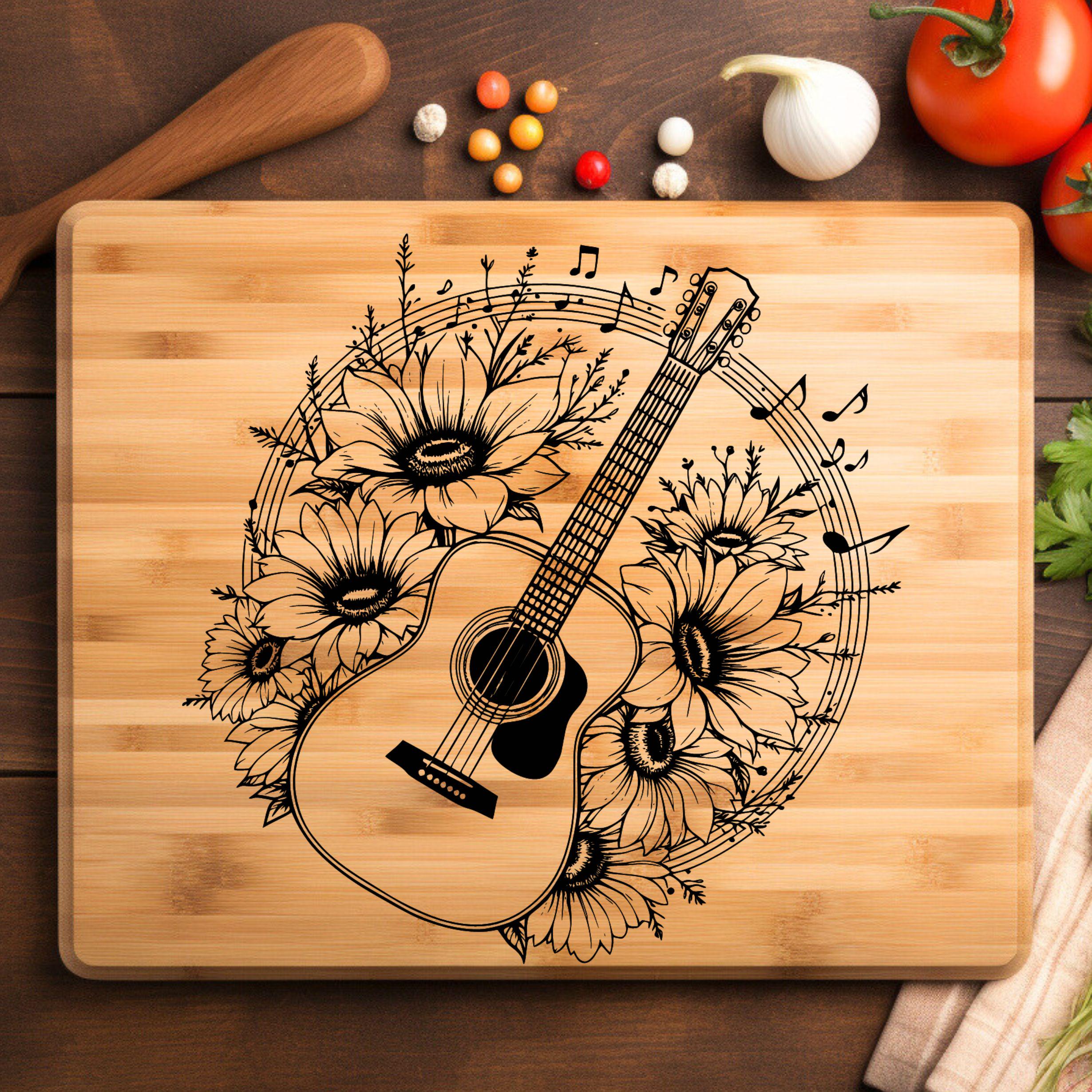 Acoustic Guitar Laser Engrave File, Floral Music Notes Design