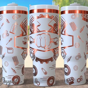 May include: White travel mug featuring a copper-coloured mechanic-themed design. The design includes pistons, spanners, gears, and other automotive tools. The mug has a white handle and lid, and the text "SOS" is visible.