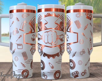 May include: White travel mug with a copper-colored mechanic-themed design. The design includes pistons, wrenches, gears, and other automotive tools. The mug has a white handle and lid, and the text "SOS" is visible.