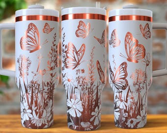 Archivo de grabado láser para vaso de 40 oz con mariposas y margaritas, envoltura para vaso de 40 oz con mariposas, archivo SVG y PNG, vaso con grabado láser