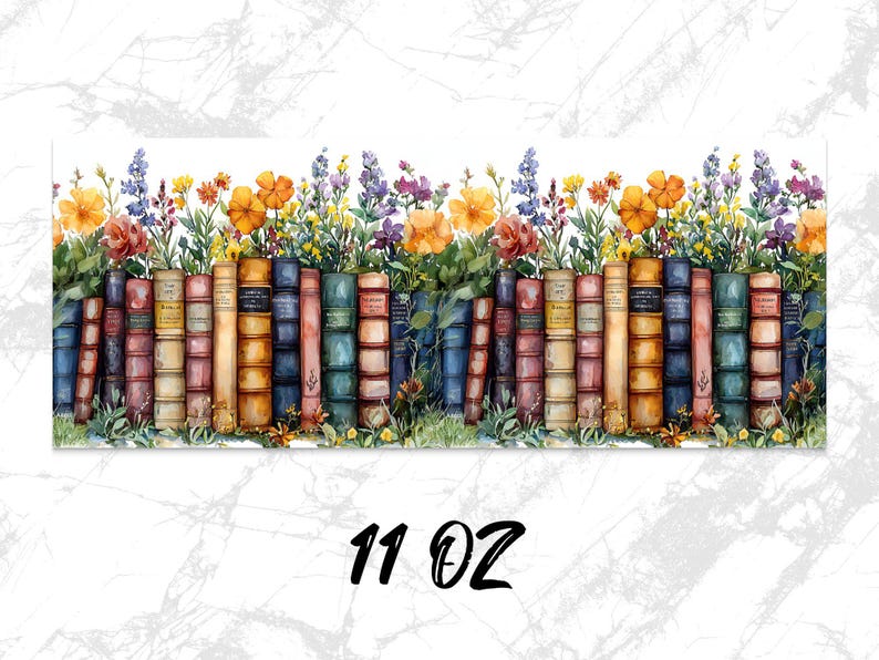 Vintage Books and Flowers Coffee Mug Wrap PNG, 11oz 15oz Coffee Cup Design, Sublimation PNG Download, Digital Download Design image 3
