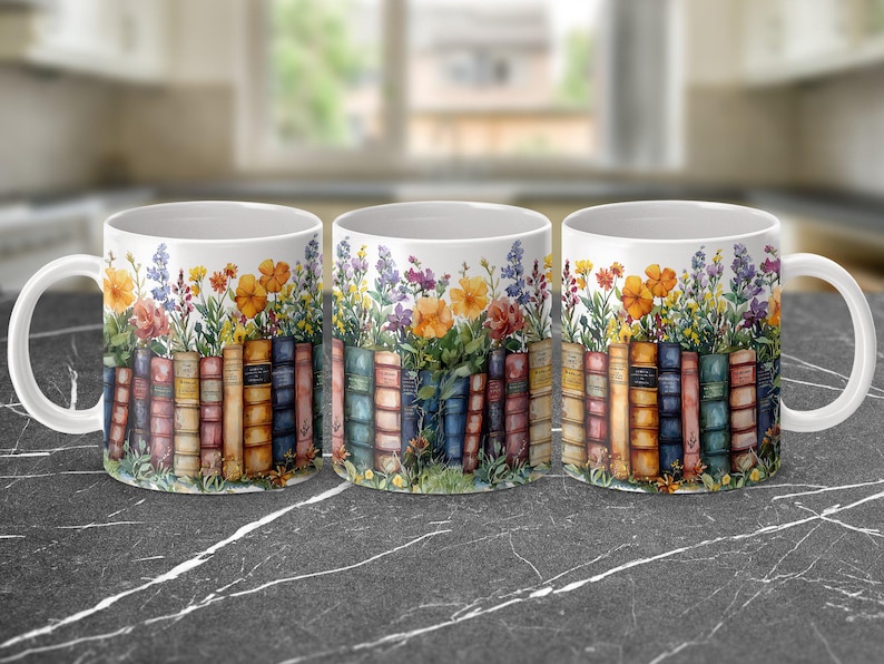 Vintage Books and Flowers Coffee Mug Wrap PNG, 11oz 15oz Coffee Cup Design, Sublimation PNG Download, Digital Download Design image 7