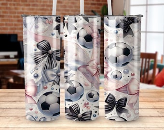 Vaso delgado Coquette Soccer Ball de 20 oz con diseño PNG, cintas y lazos para sublimación PNG, descarga digital recta y cónica, regalo de fútbol para niñas