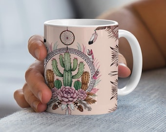 Boho Western Dreamcatcher Sublimation PNG, Cactus and Feathers Coffee Mug Wrap, 11oz 15oz Digital Download, Mug Design, Sublimation PNG