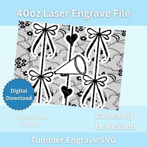 May include: Black and white digital download file for a 40oz tumbler laser engraving design. The design features a lace pattern with bows, hearts, and a megaphone. The file is 12.5 inches by 9 inches and 300 DPI. It can be easily resized.