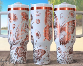 Vlinders en bloemen 40 oz beker lasergraveerbestand, 40 oz quencher vlinder beker wrap SVG- en png-bestand, lasergravure beker