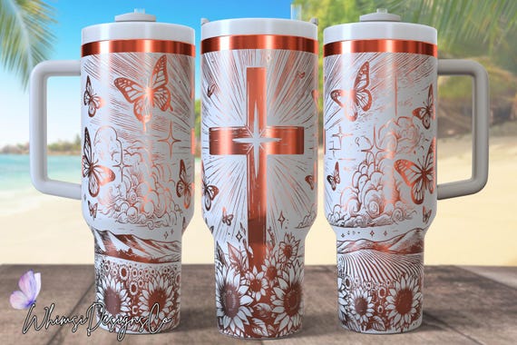 Faith Cross with Sunflowers & Butterflies | 40oz Laser Engrave SVG PNG | Christian Tumbler Design, 40oz Quencher Digital Download
