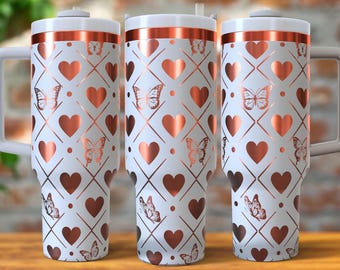 Naadloos hart en vlinder ontwerp 40oz beker lasergraveerbestand, 40oz dover harten en vlinders ruitpatroon beker wrap SVG-PNG