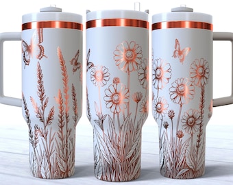 Wilde bloemen en vlinders 40oz Tumbler lasergraveerbestand, 40oz Quencher Butterfly Tumbler Wrap SVG- en PNG-bestand