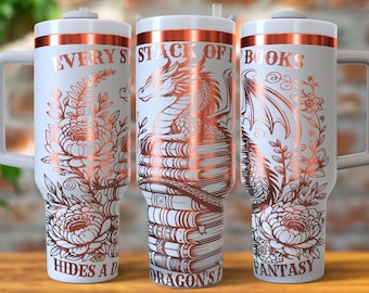 Book Lover Dragon's Fantasy Design 40oz Tumbler Laser Engrave File, 40oz Quencher Bookish Tumbler Wrap SVG and PNG File,  Laser Engraving